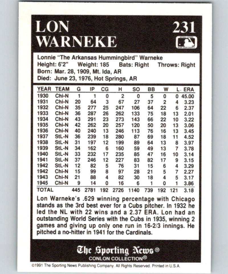 1991 Conlon Collection #231 Lon Warneke NM St. Louis Cardinals Image 2