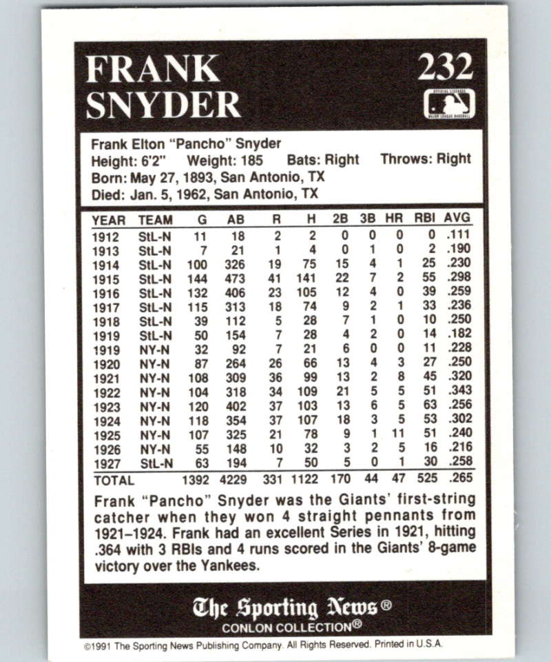 1991 Conlon Collection #232 Frank Snyder NM New York Giants Image 2