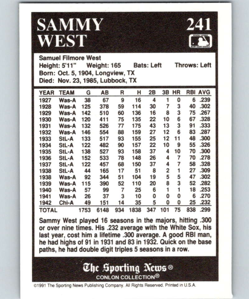 1991 Conlon Collection #241 Sammy West NM Washington Senators Image 2