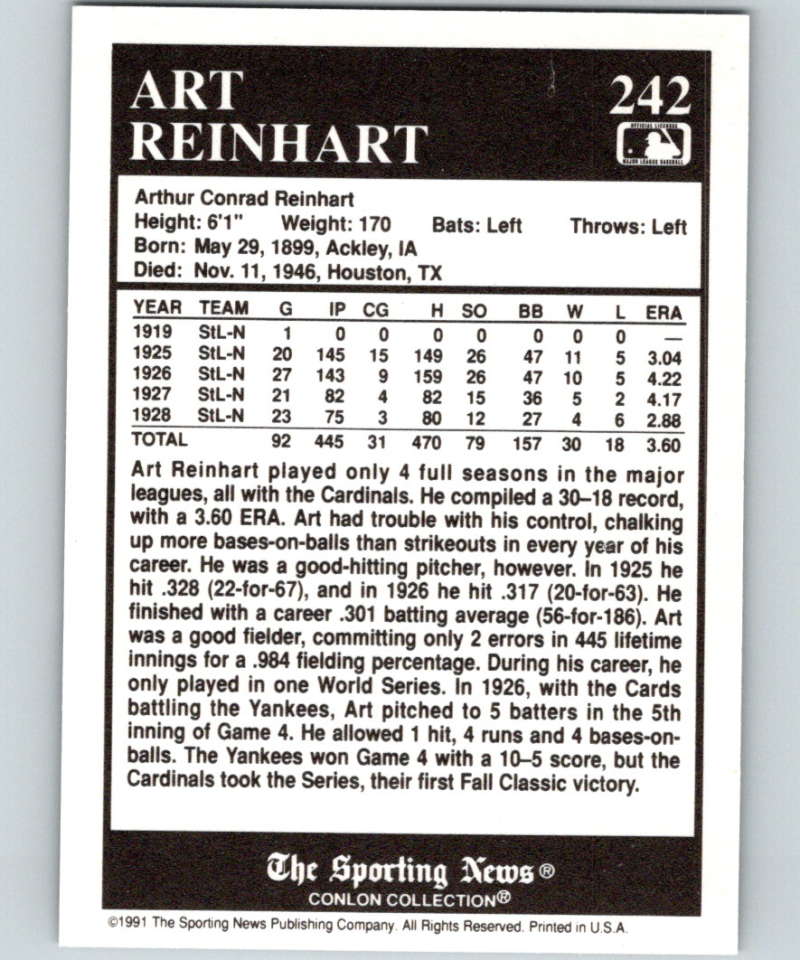 1991 Conlon Collection #242 Art Reinhart NM St. Louis Cardinals Image 2