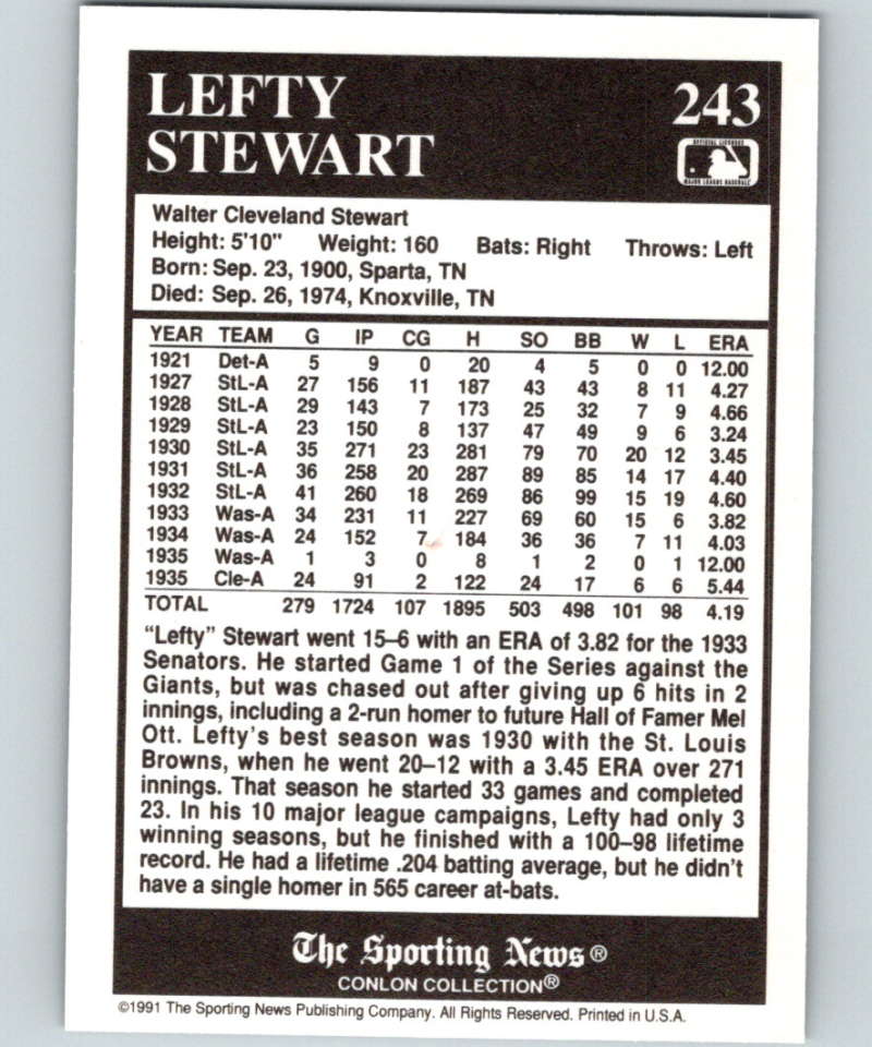 1991 Conlon Collection #243 Lefty Stewart NM Cleveland Indians Image 2