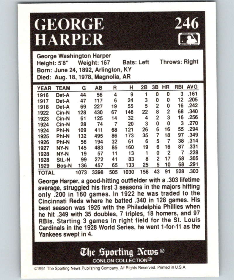 1991 Conlon Collection #246 George Harper NM St. Louis Cardinals Image 2