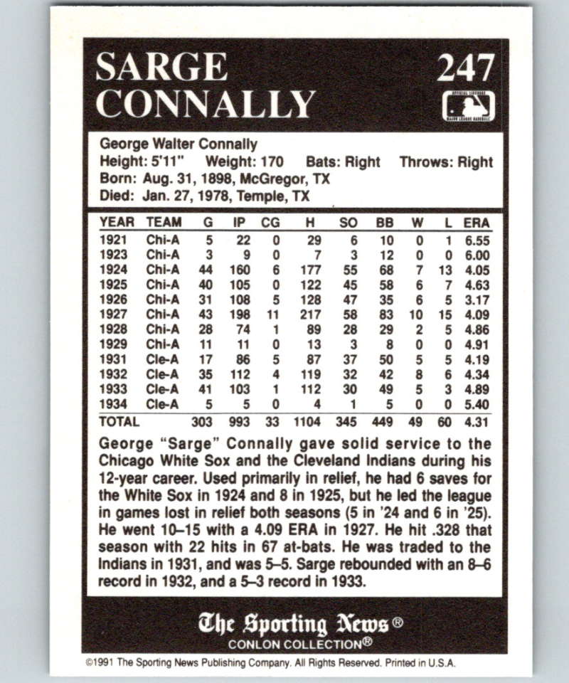 1991 Conlon Collection #247 Sarge Connally NM Cleveland Indians Image 2