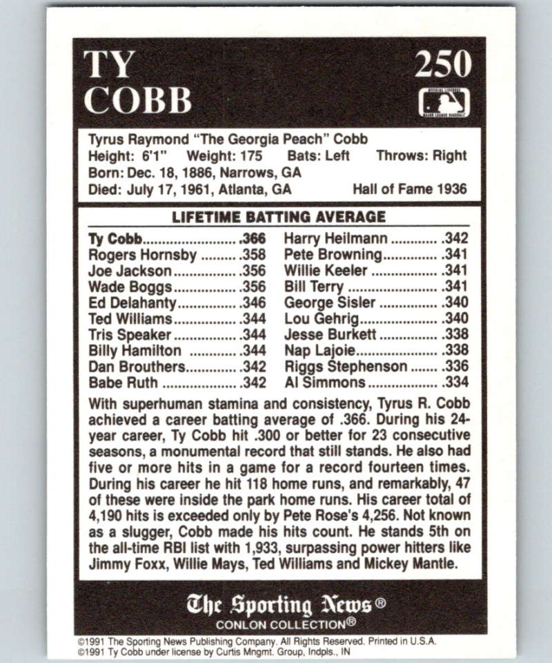 1991 Conlon Collection #250 Ty Cobb ATL NM Philadelphia Athletics Image 2