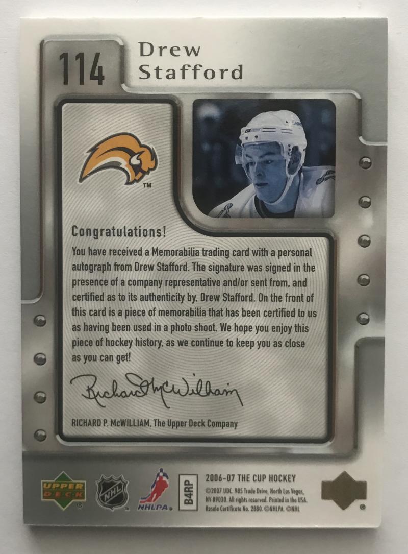 2006-07 The Cup #114 Drew Stafford RC Rookie Auto 64/249 Patch 06946