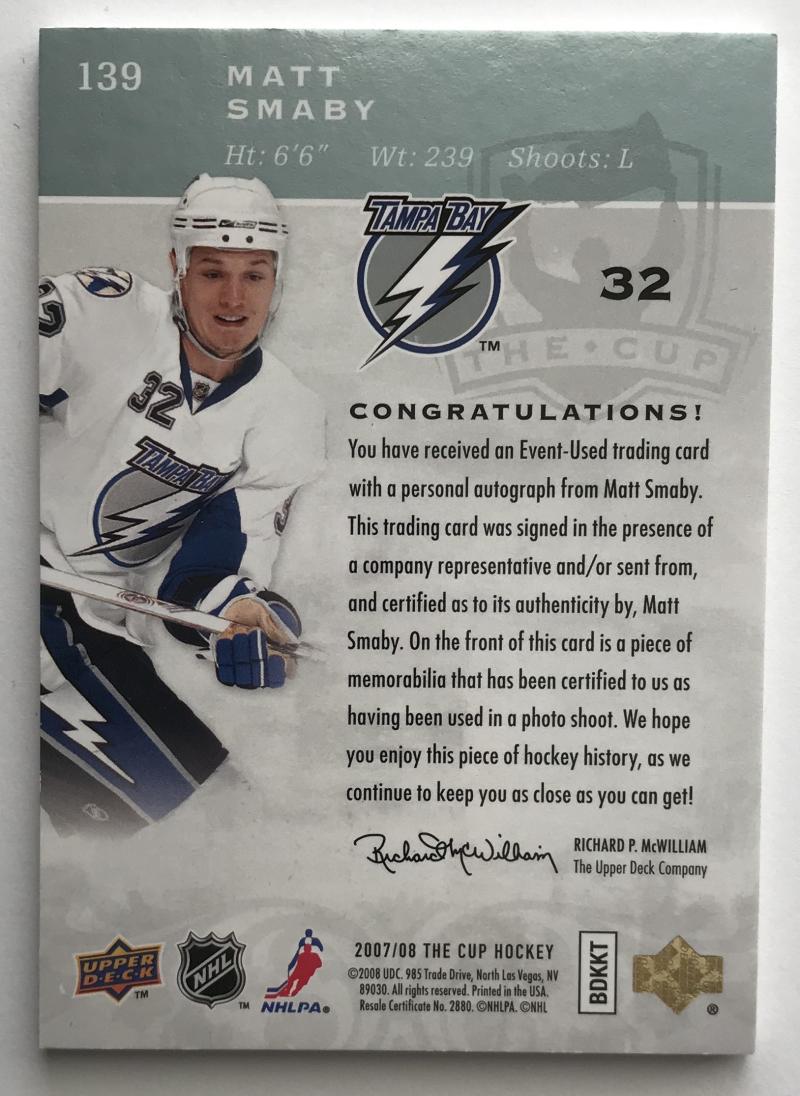 2007-08 The Cup #139 Matt Smaby RC Rookie Auto 77/249 Patch 06963