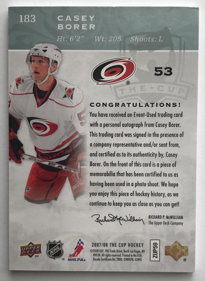 2007-08 The Cup #183 Casey Borer RC Rookie Auto 142/249 Patch 06976