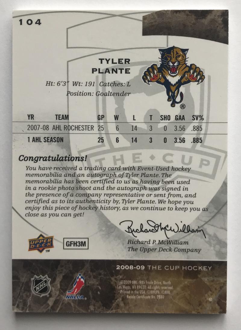2008-09 The Cup #104 Tyler Plante RC Rookie Auto 213/249 Patch 06989
