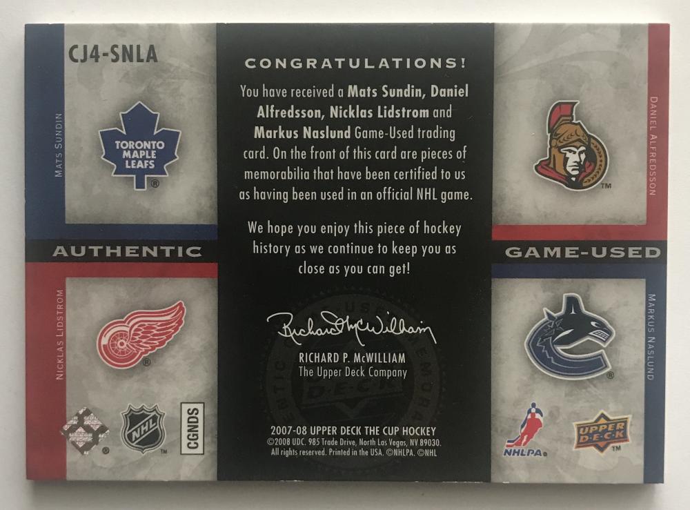 2007-08 The Cup Jerseys Quads Lidstrom/Naslund/Alfredsson/Sundin 4/10 Jersey 07005