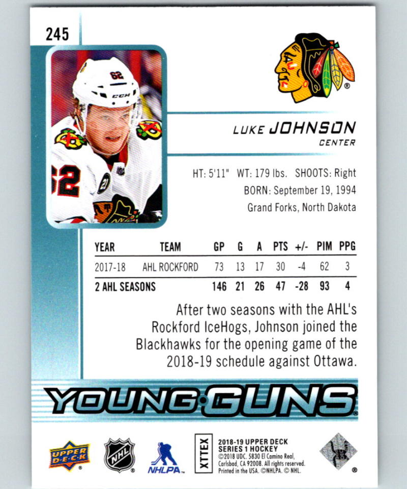 2018-19 Upper Deck #245 Luke Johnson MINT Blackhawks RC Young Guns 06817