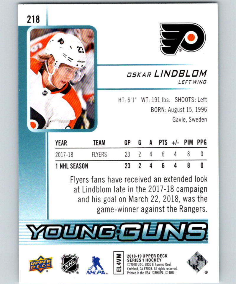 2018-19 Upper Deck #218 Oskar Lindblom Flyers RC Young Guns 06818