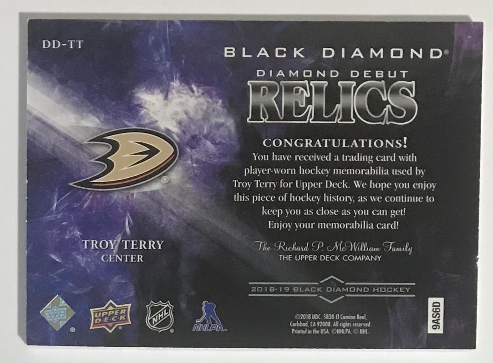 2018-19 Upper Deck Black Diamond Debut Relics Troy Terry 282/299 Jersey 06820