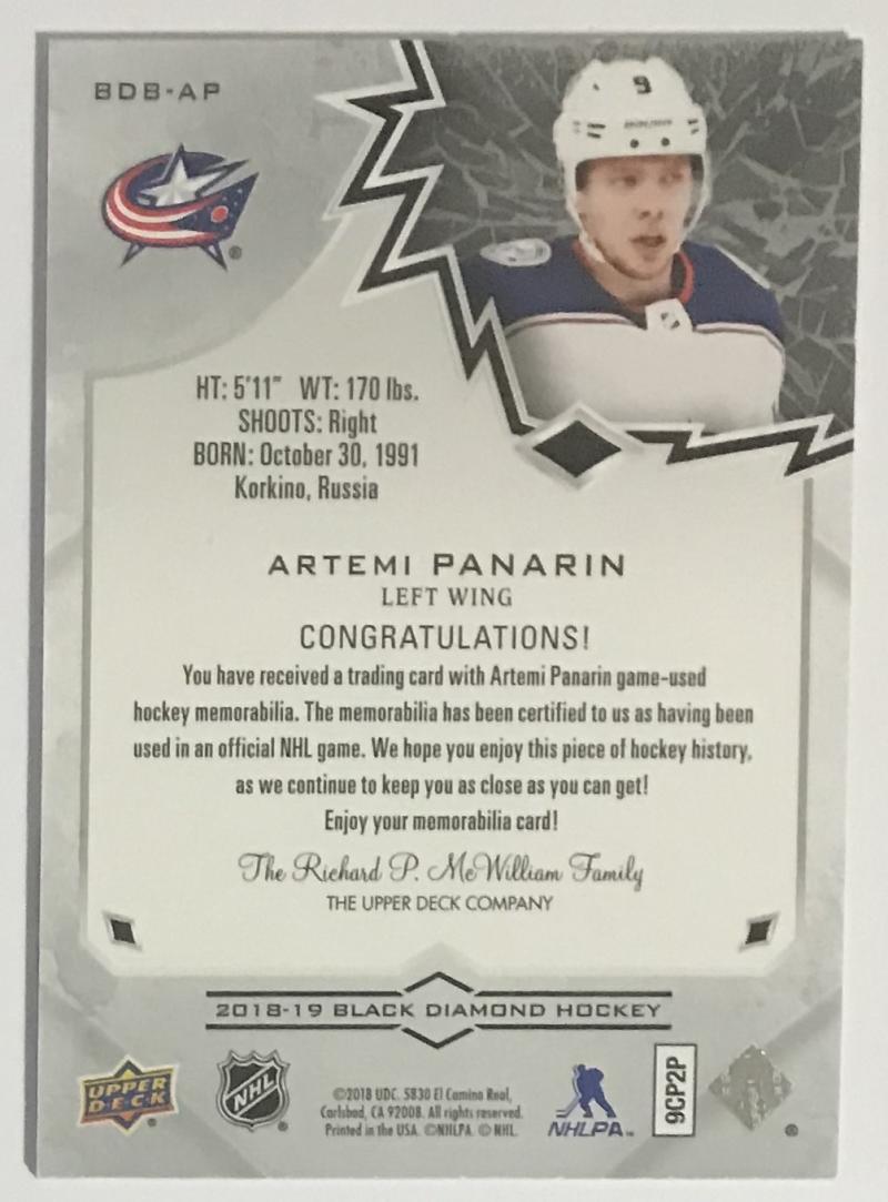 2018-19 Upper Deck Black Diamond Artemi Panarin 72/249 Jersey 06821