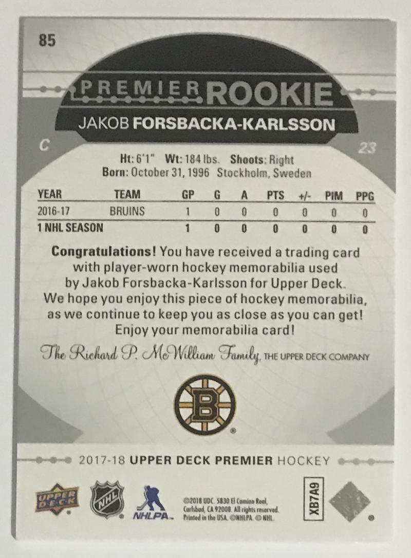 2017-18 Upper Deck Premier Jerseys Jakob Forsbacka-Karlsson RC Rookie 06822 Image 2