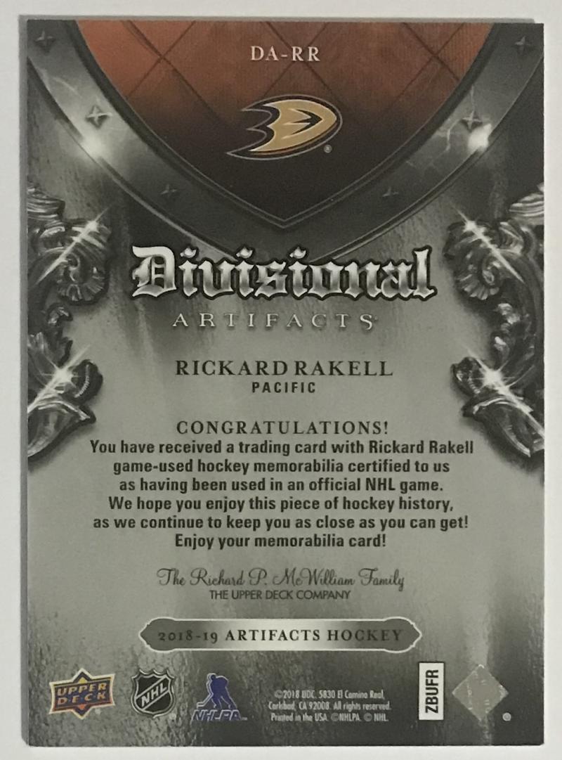 2018-19 Upper Deck Artifacts Divisional Artifacts Jerseys Rickard Rakell 06823