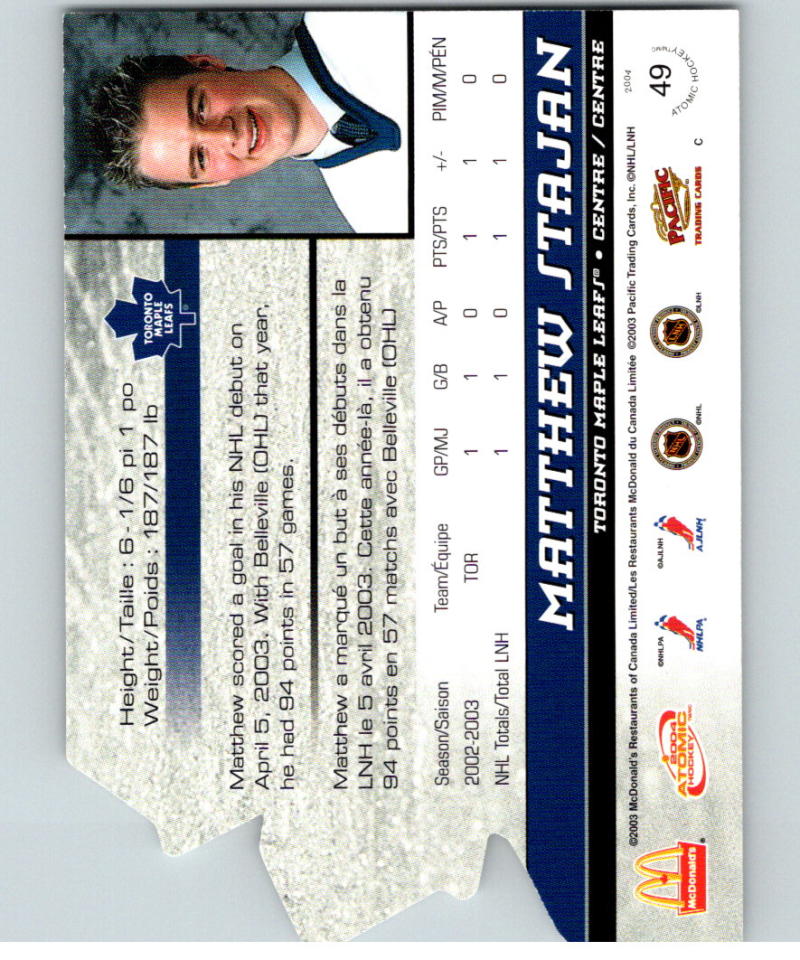2003-04 Pacific McDonald's #49 Matt Stajan Toronto Maple Leafs 06836
