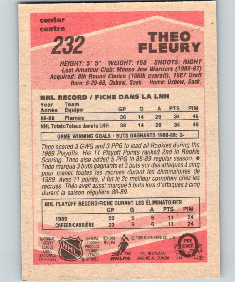 1989-90 O-Pee-Chee #232 Theo Fleury RC Rookie Calgary Flames 07021