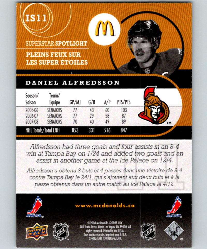 2008-09 Upper Deck McDonald's Superstar Spotlight #IS11 Daniel Alfredsson 07052