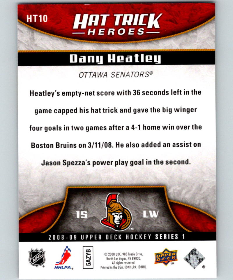 2008-09 Upper Deck Hat Trick Heroes #HT10 Dany Heatley 07056 Image 2