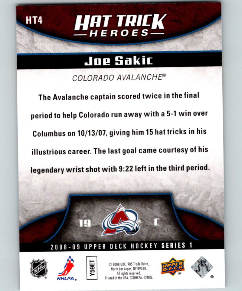 2008-09 Upper Deck Hat Trick Heroes #HT4 Joe Sakic 07057 Image 2