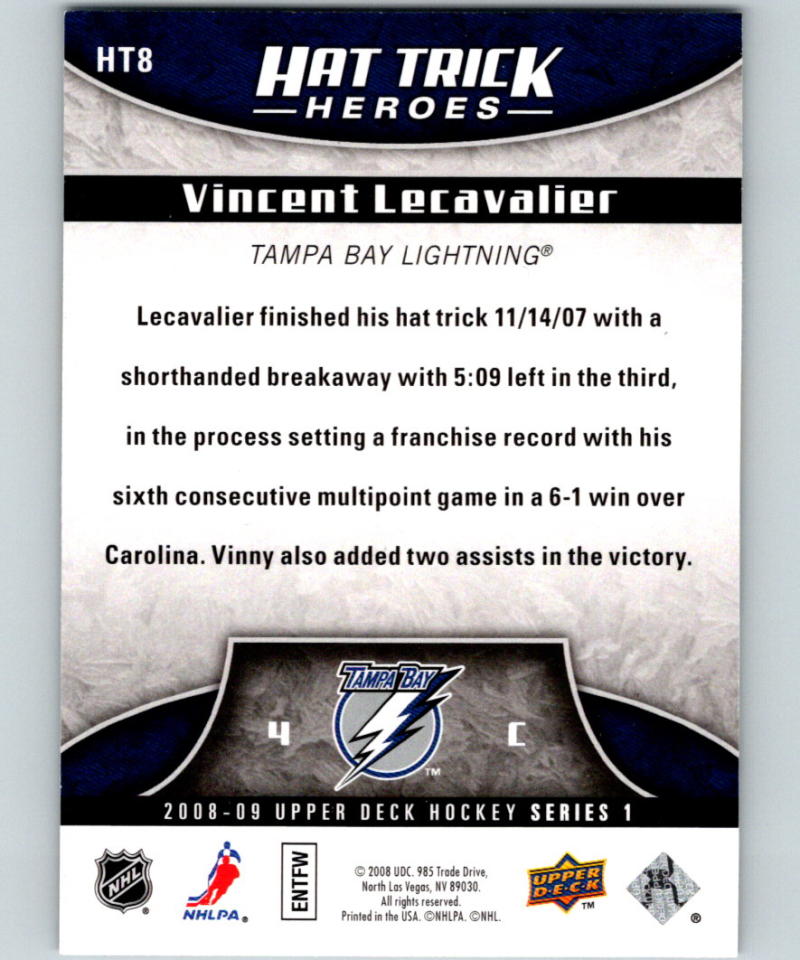 2008-09 Upper Deck Hat Trick Heroes #HT8 Vincent Lecavalier 07058 Image 2