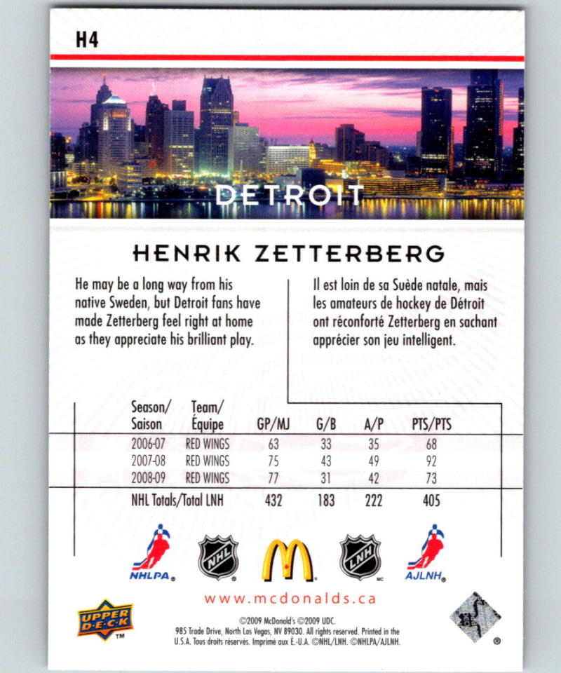 2009-10 Upper Deck McDonald's Horizons #H4 Henrik Zetterberg 07084 Image 2