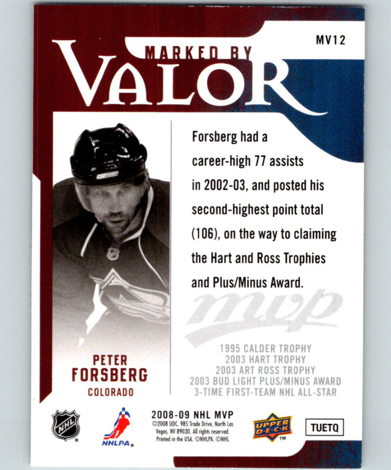 2008-09 Upper Deck MVP Marked by Valor #MV12 Peter Forsberg 07096 Image 2