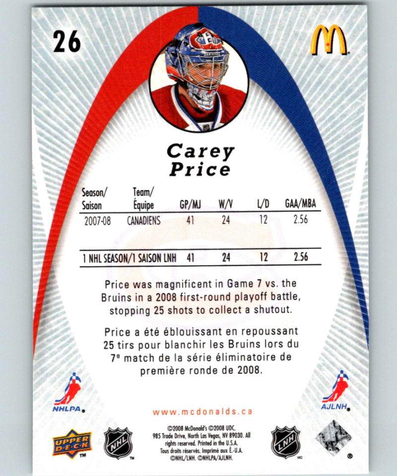 2008-09 Upper Deck McDonald's #26 Carey Price 07105