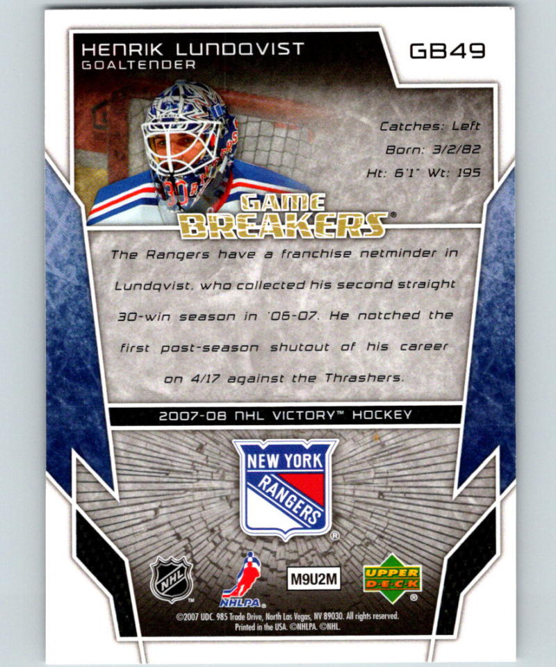 2007-08 Upper Deck Victory GameBreakers #GB49 Henrik Lundqvist 07116