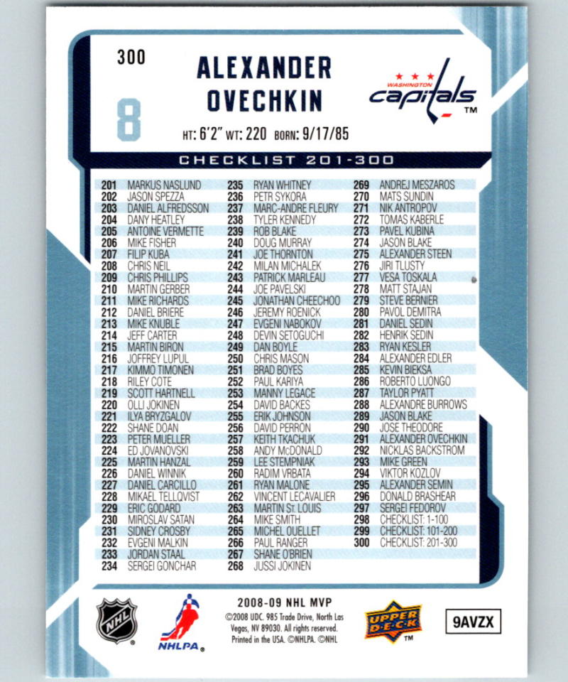 2008-09 Upper Deck MVP #300 Alexander Ovechkin Check List 07138 Image 2
