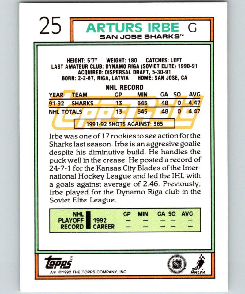1992-93 Topps Gold #25G Arturs Irbe MINT 07145 Image 2