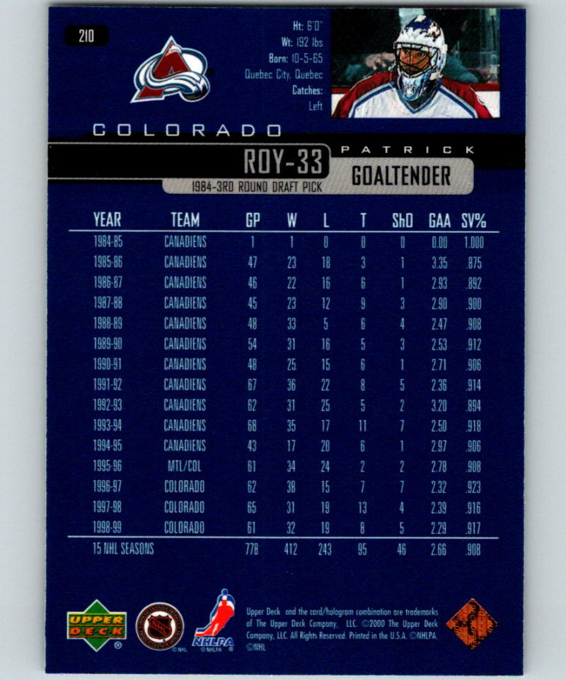1999-00 Upper Deck #210 Patrick Roy 07147