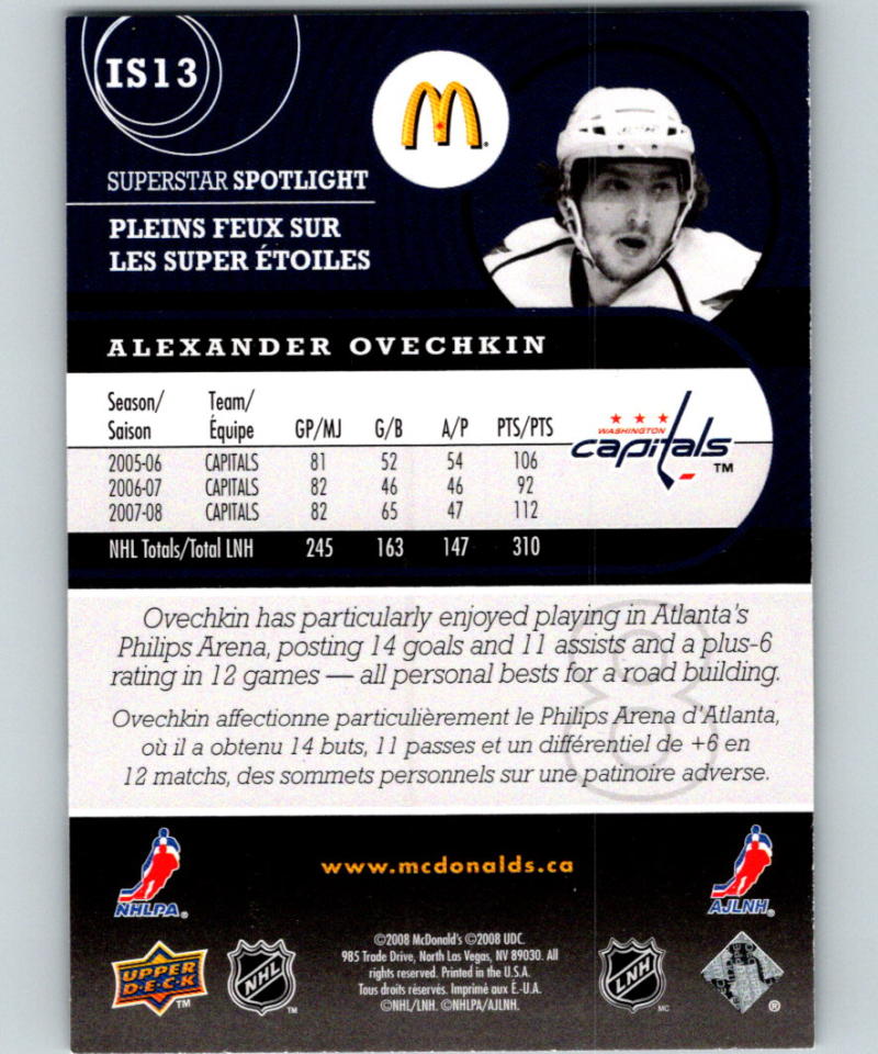 2008-09 Upper Deck McDonald's Superstar Spotlight #IS13 Alexander Ovechkin 07053 Image 2