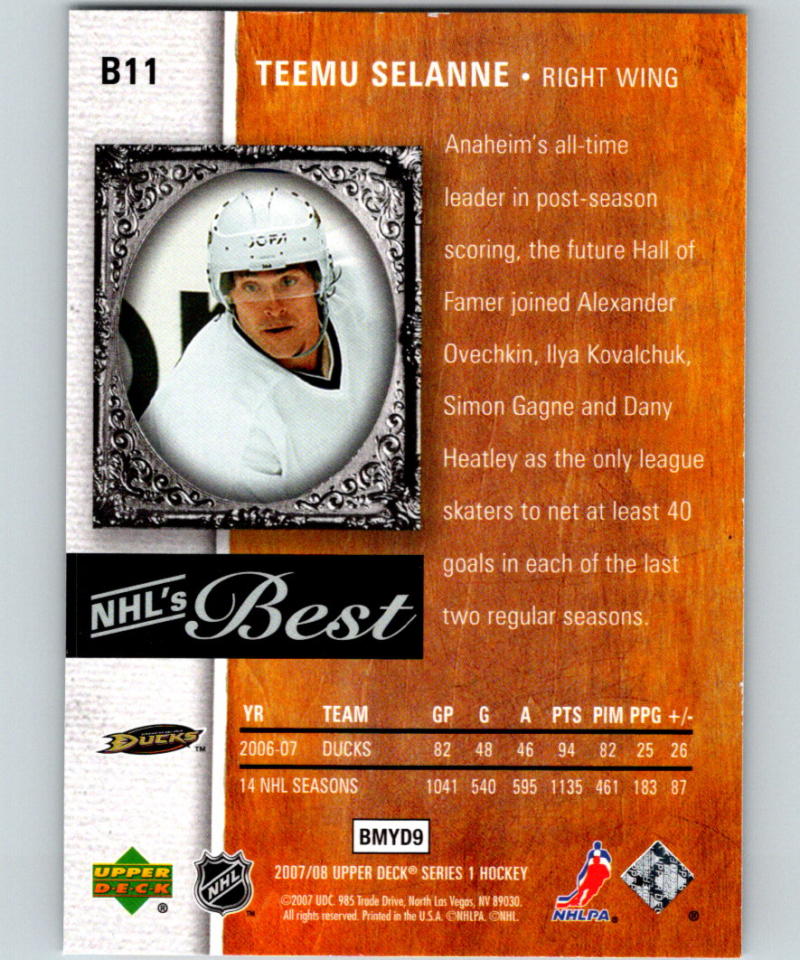 2007-08 Upper Deck NHL's Best #B11 Teemu Selanne Anaheim Ducks 07070