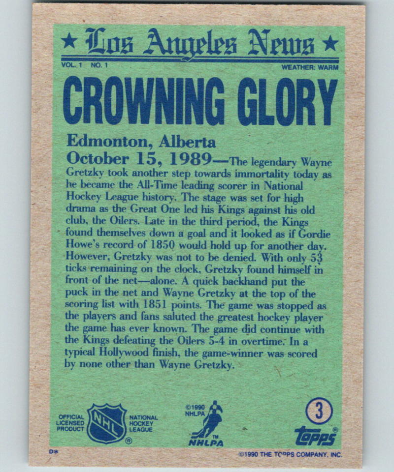 1990-91 Topps #3 Wayne Gretzky MINT Los Angeles Kings 07188