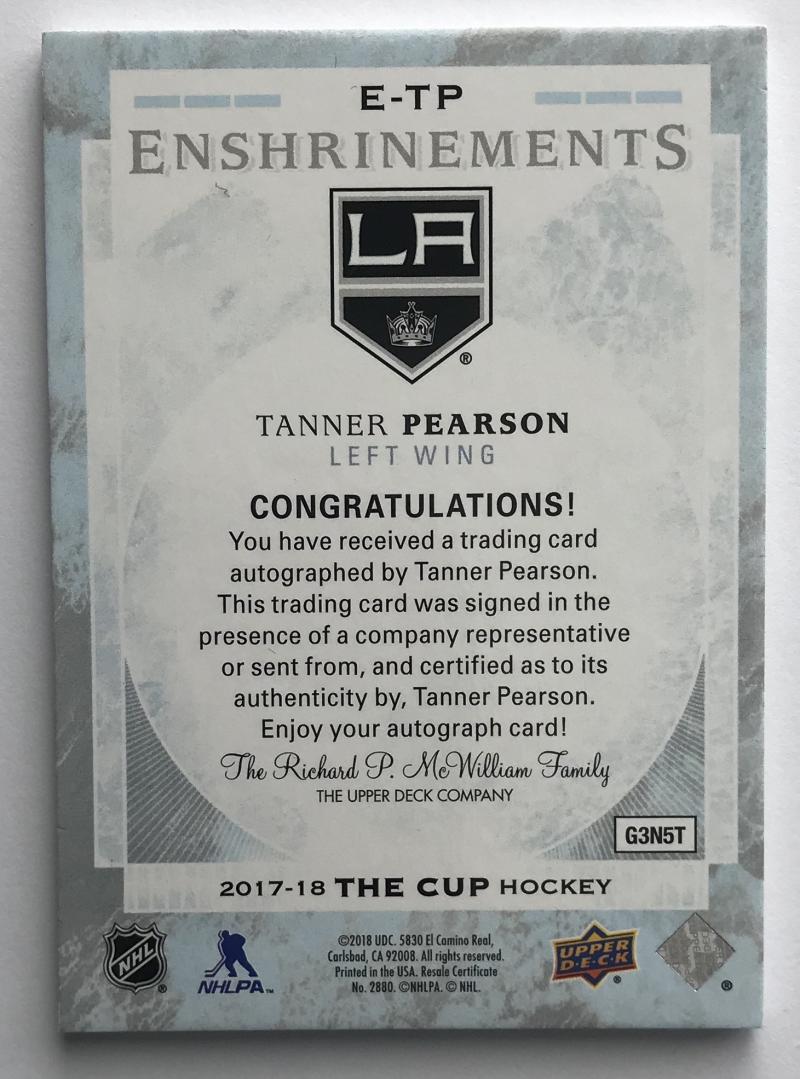 2017-18 Upper Deck The Cup Enshrinements #ETP Tanner Pearson 91/99 Auto 07191