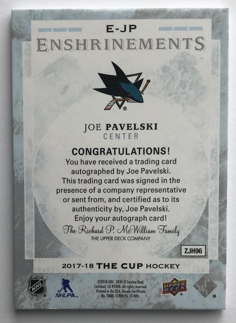 2017-18 Upper Deck The Cup Enshrinements #EJP Joe Pavelski 85/99 Auto 07192