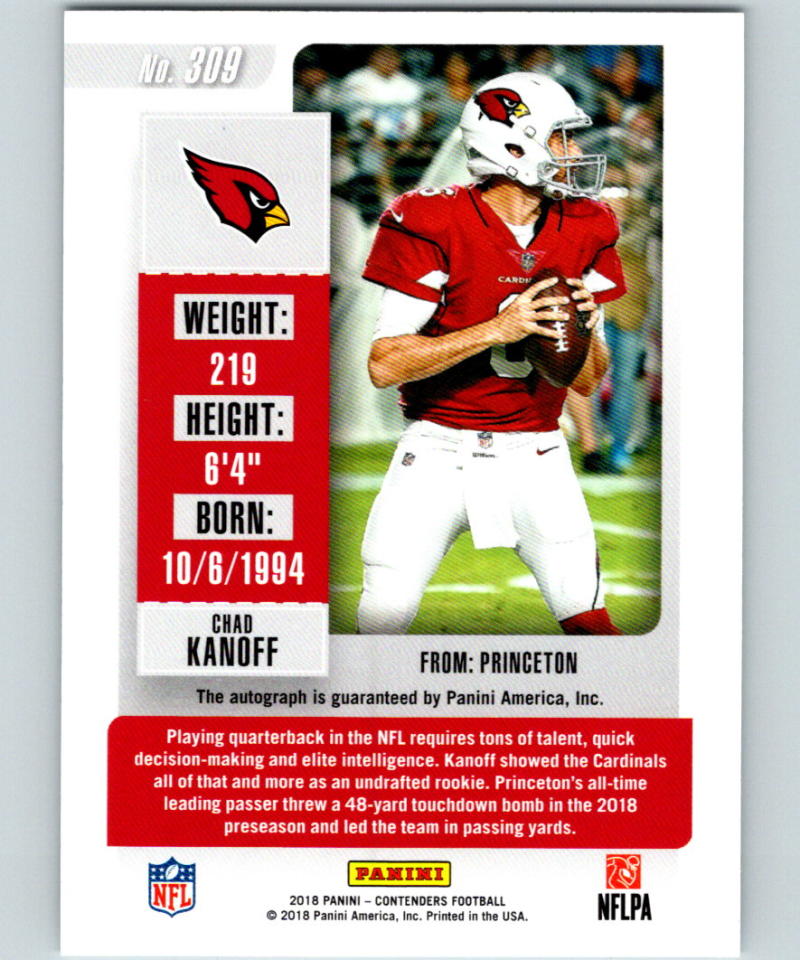 2018 Panini Contenders Rookie Ticket #309 Chad Kanoff Auto RC 07198