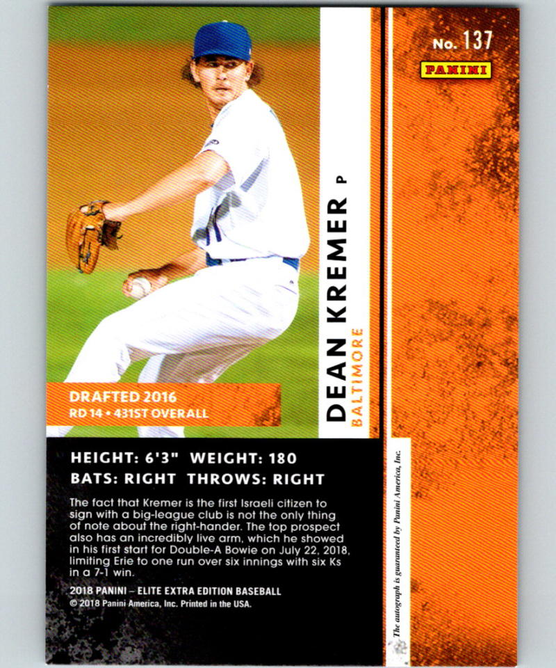 2018 Panini Elite Extra Edition Autographs Aspirations Purple Dean Kremer 25/100 Auto 07211