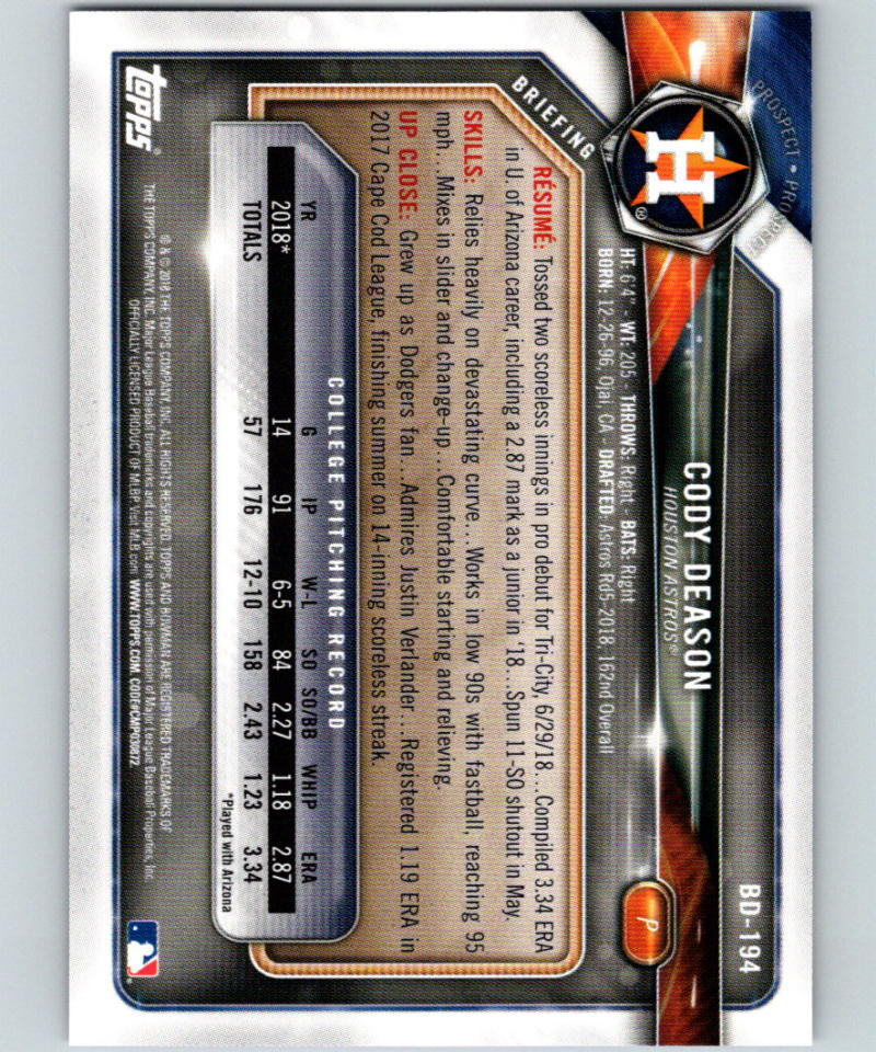 2018 Bowman Draft Purple #BD-194 Cody Deason MINT 116/250 Astros 07215 Image 2