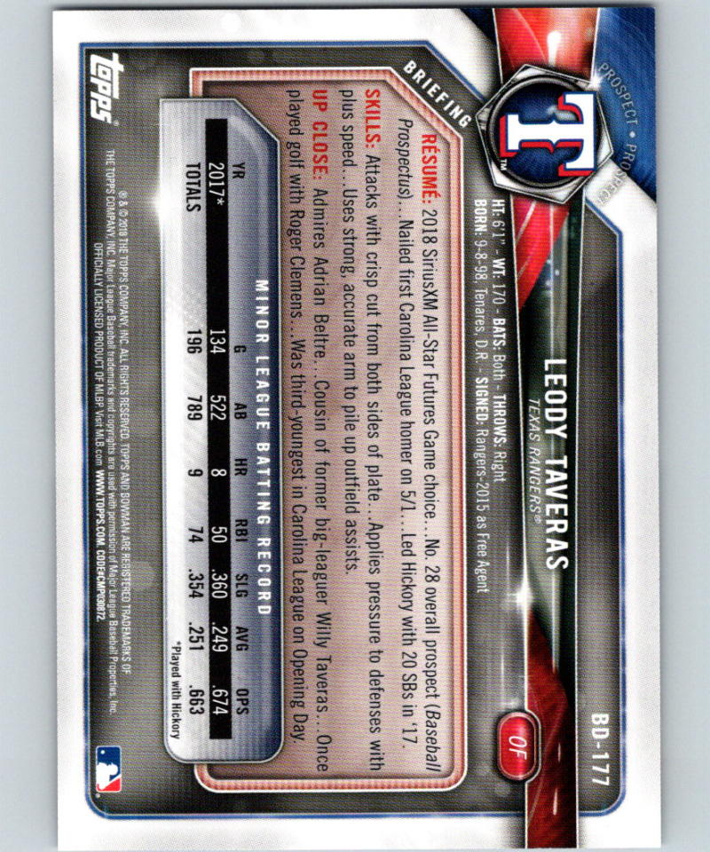 2018 Bowman Draft Purple #BD-177 Leody Taveras MINT 151/250 Rangers 07216