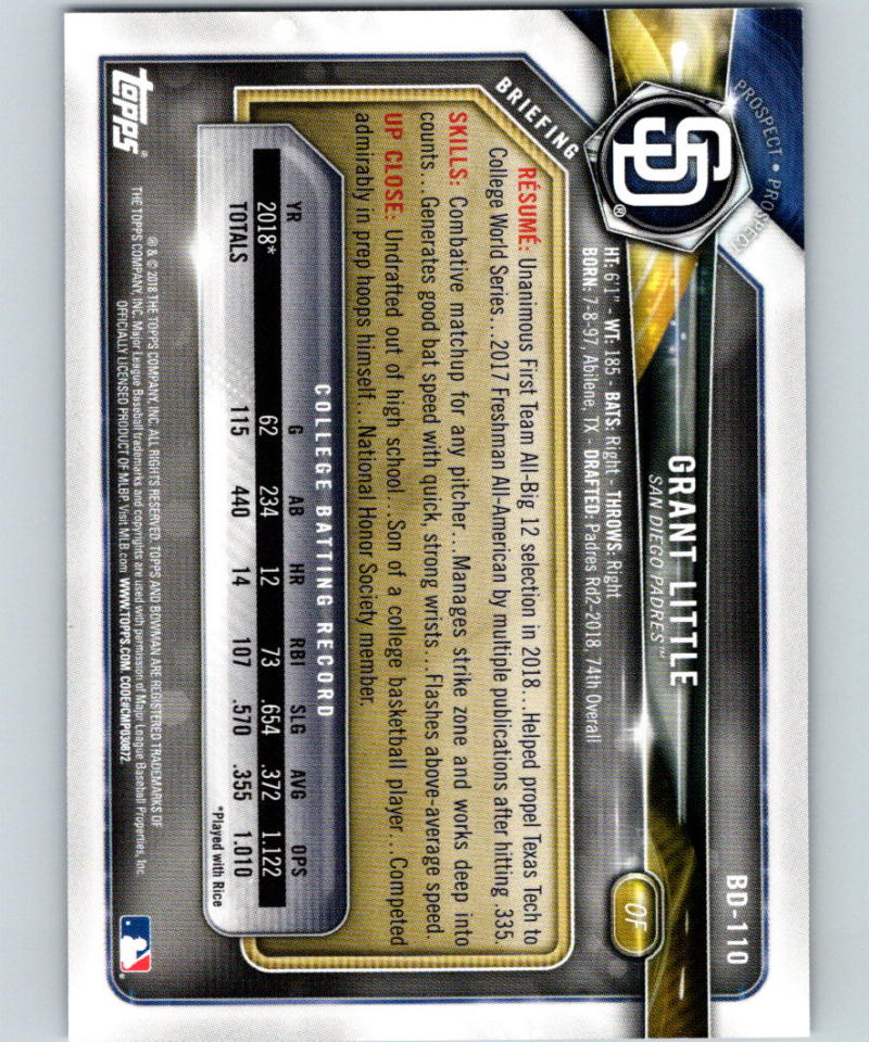 2018 Bowman Draft Blue #BD-110 Grant Little MINT 96/150 Padres 07217