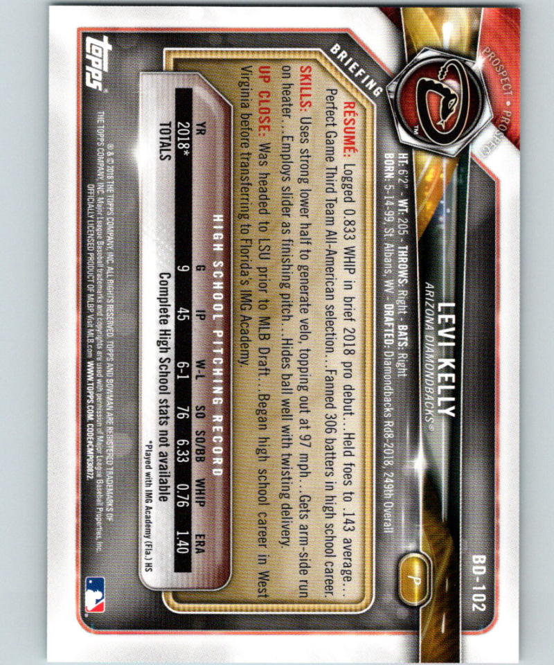 2018 Bowman Draft Sky Blue #BD-102 Levi Kelly MINT 151/499 Arizona 07223 Image 2