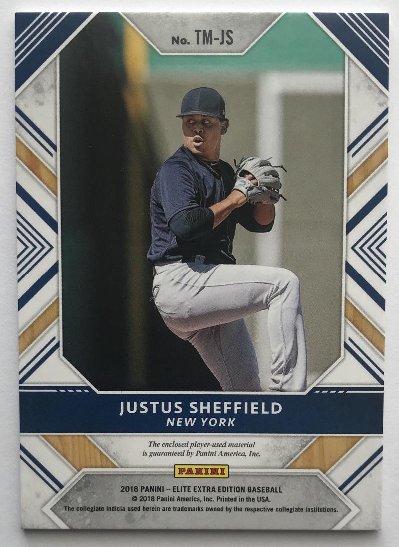 2018 Panini Elite Extra Edition Triple Material Justus Sheffield 189/399 Jersey 07240 Image 2