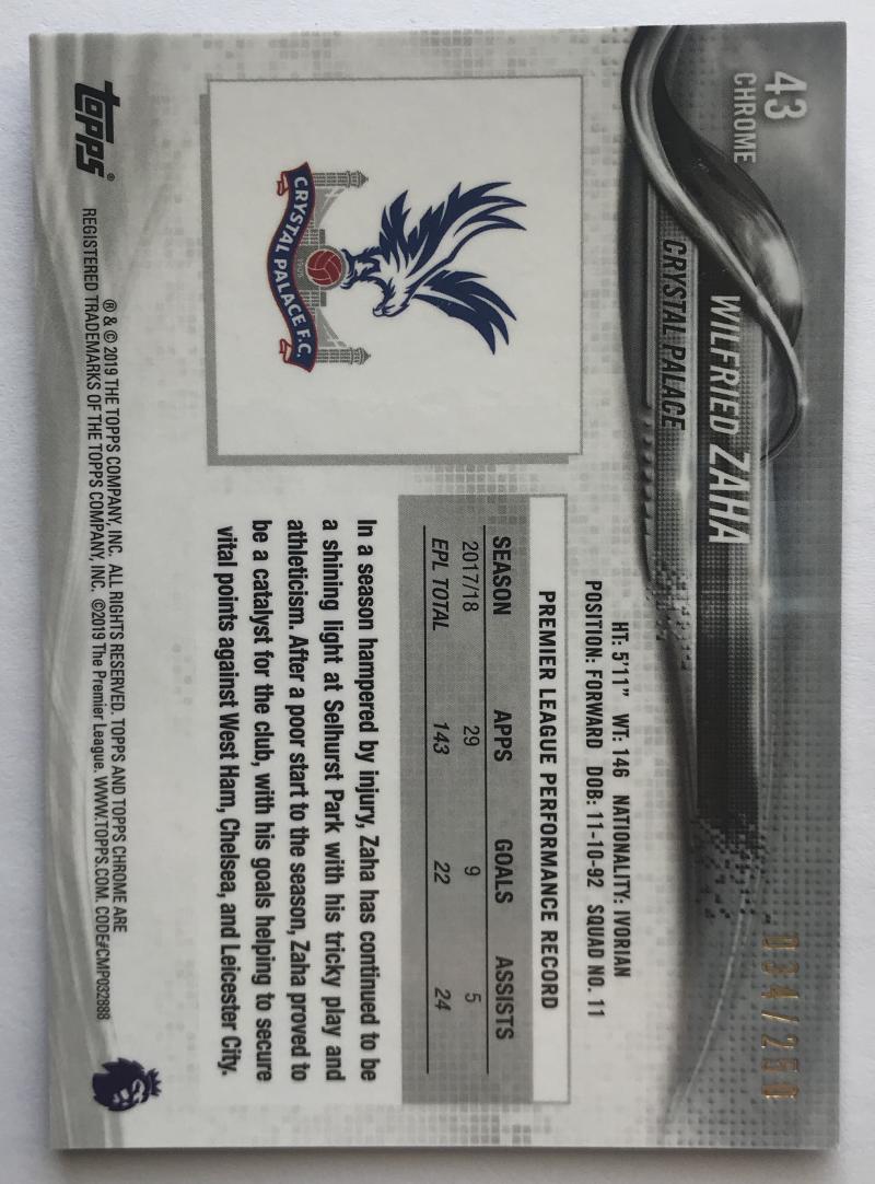 2018-19 Topps Chrome Premier League Refractors Purple Wilfried Zaha 34/250 07252