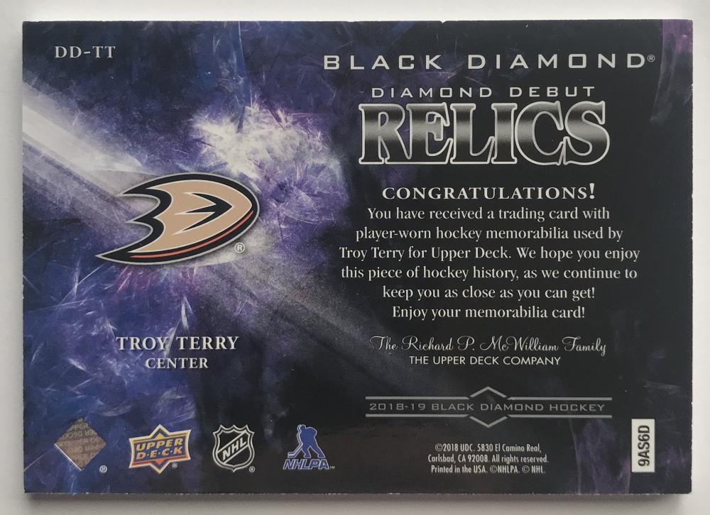 2018-19 Upper Deck Black Diamond Debut Relics Troy Terry 200/299 Jersey 07255
