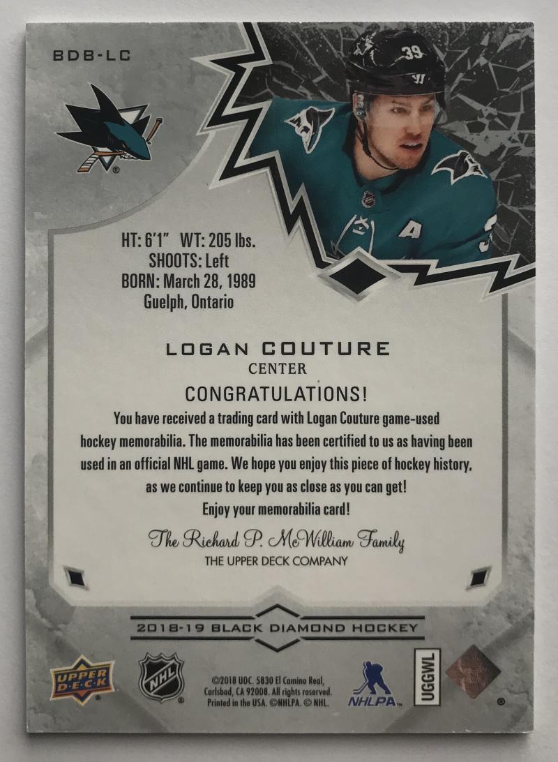 2018-19 Upper Deck Black Diamond Relics Logan Couture 37/149 07258