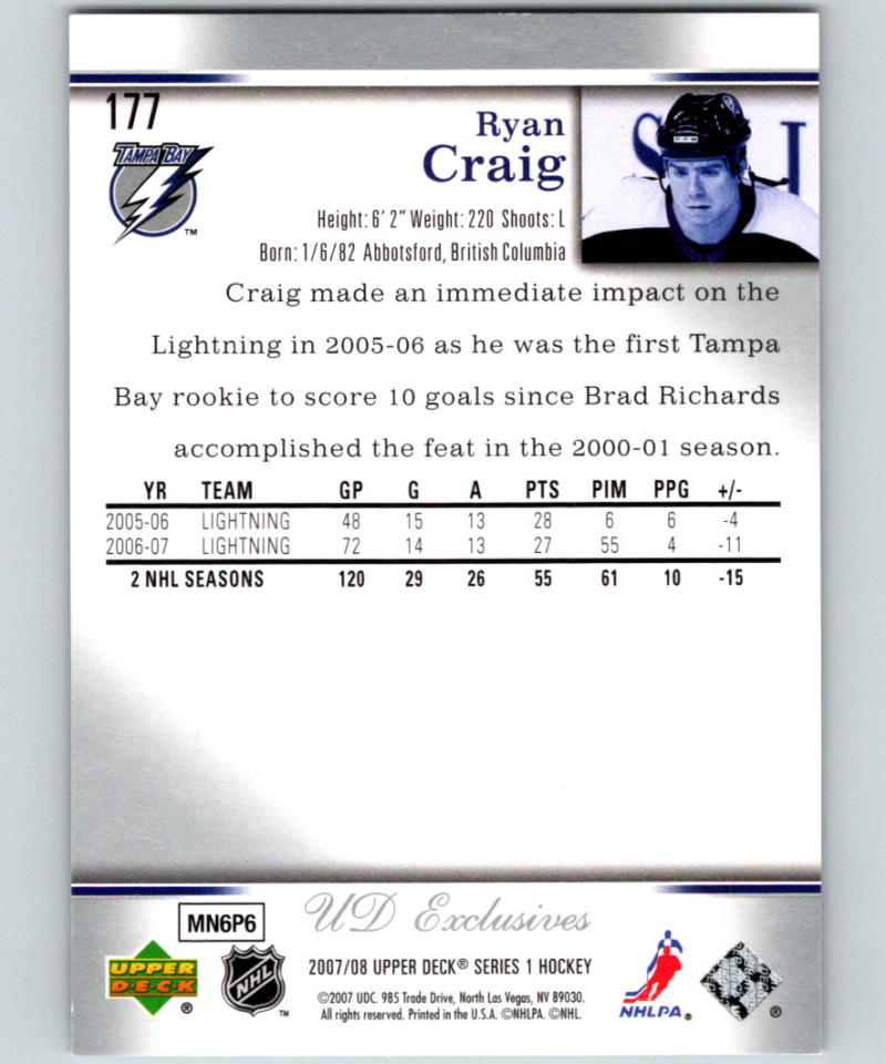 2007-08 Upper Deck Exclusives Parallel Ryan Craig 15/100 SP 07271