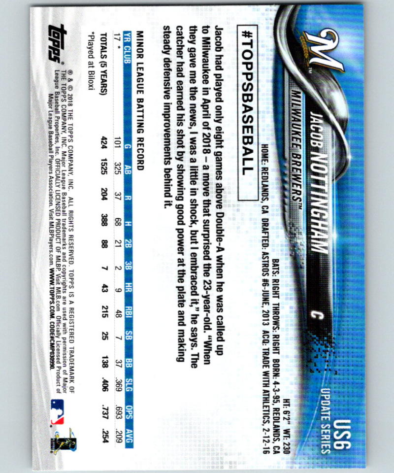 2018 Topps Update #US6 Jacob Nottingham MINT RC Rookie 07274