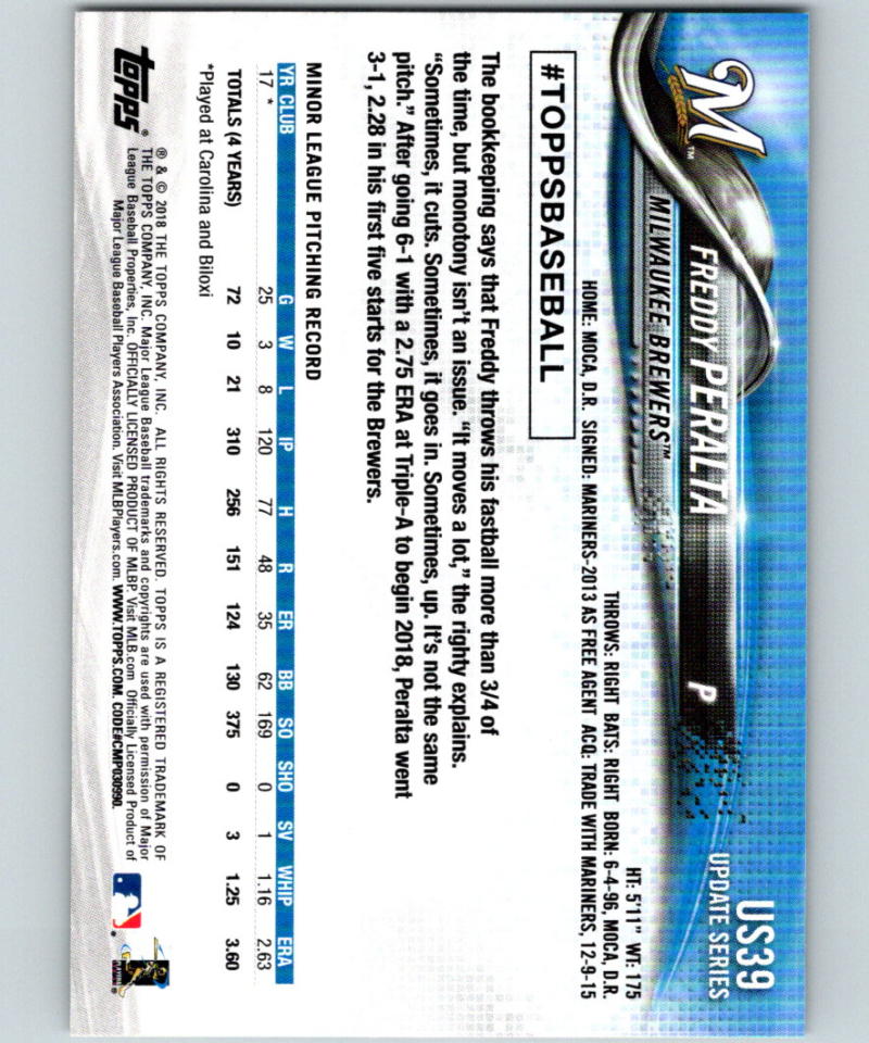 2018 Topps Update #US39 Freddy Peralta MINT RC Rookie 07281 Image 2